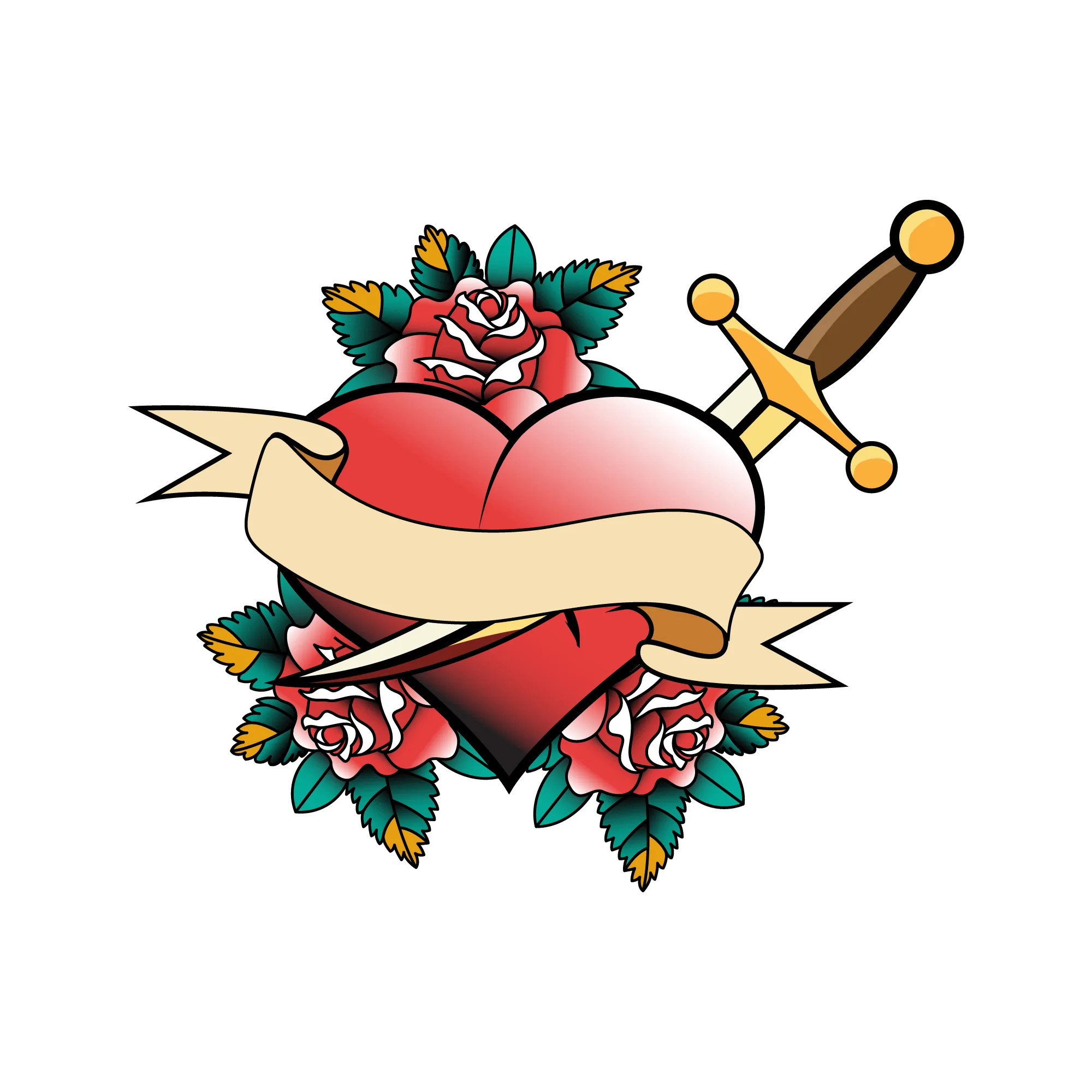 Stabbed heart with a sword and 3 roses around it design t-shirt design ...