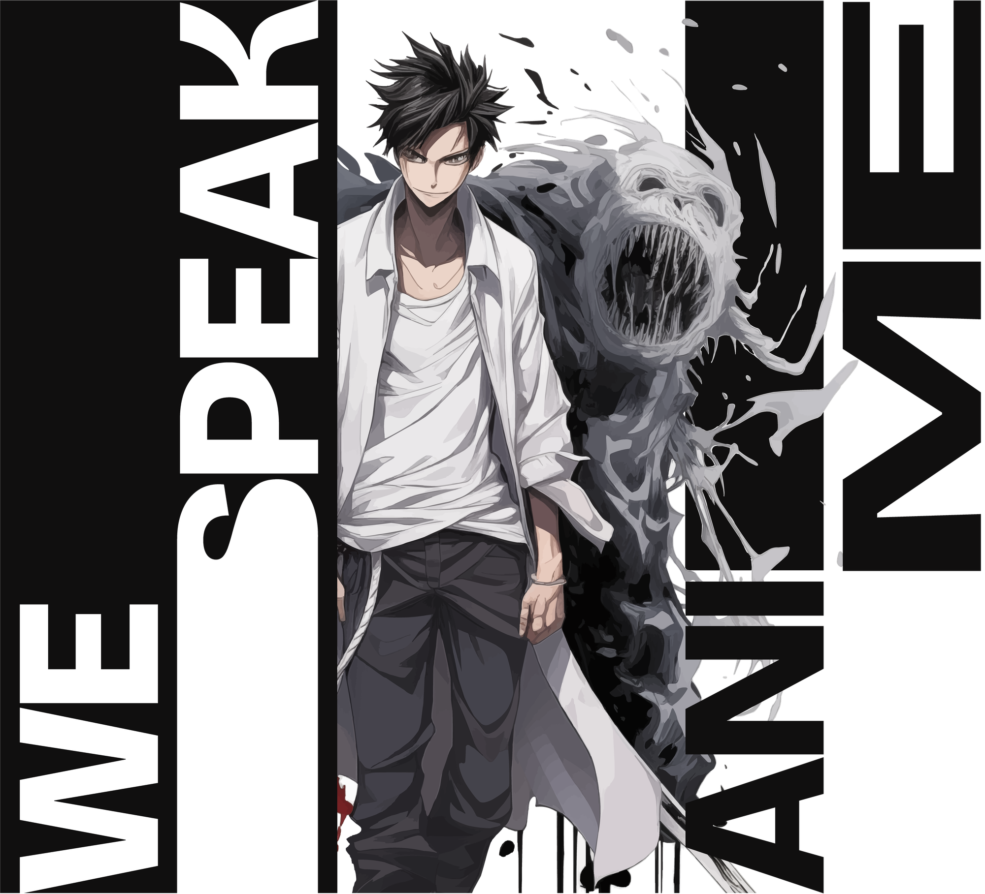 Anime character with a monster in the background and a variable font phrase  design