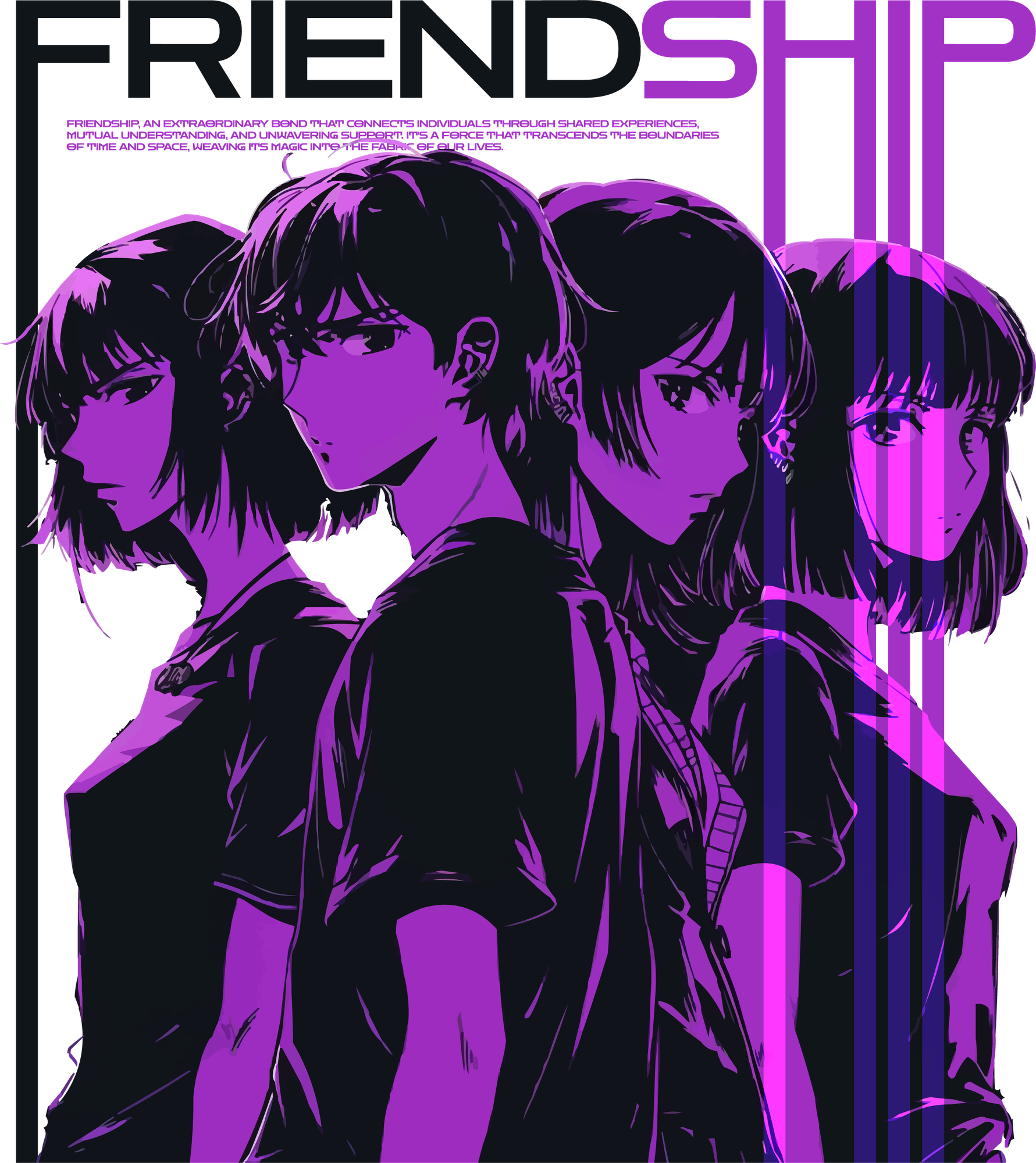 Friends gathered with a purple filter in anime style design